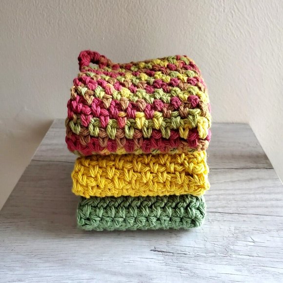 3 CROCHET DISHCLOTH WASHCLOTH 100% COTTON HANDMADE NEW Sage Green Yellow… - Picture 5 of 10